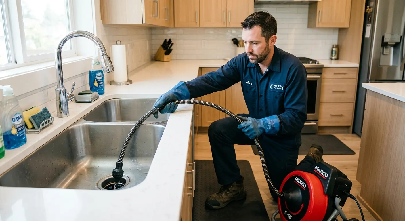 Drain cleaning technician using a motorized snake on a kitchen sink in Westchester