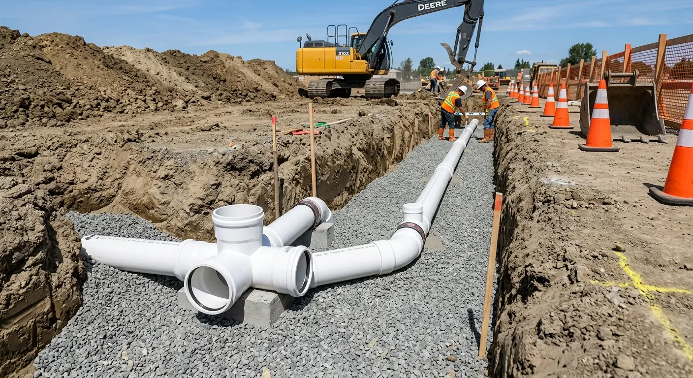 New PVC sewer pipe installation in open trench for Sewer Backup in Westchester
