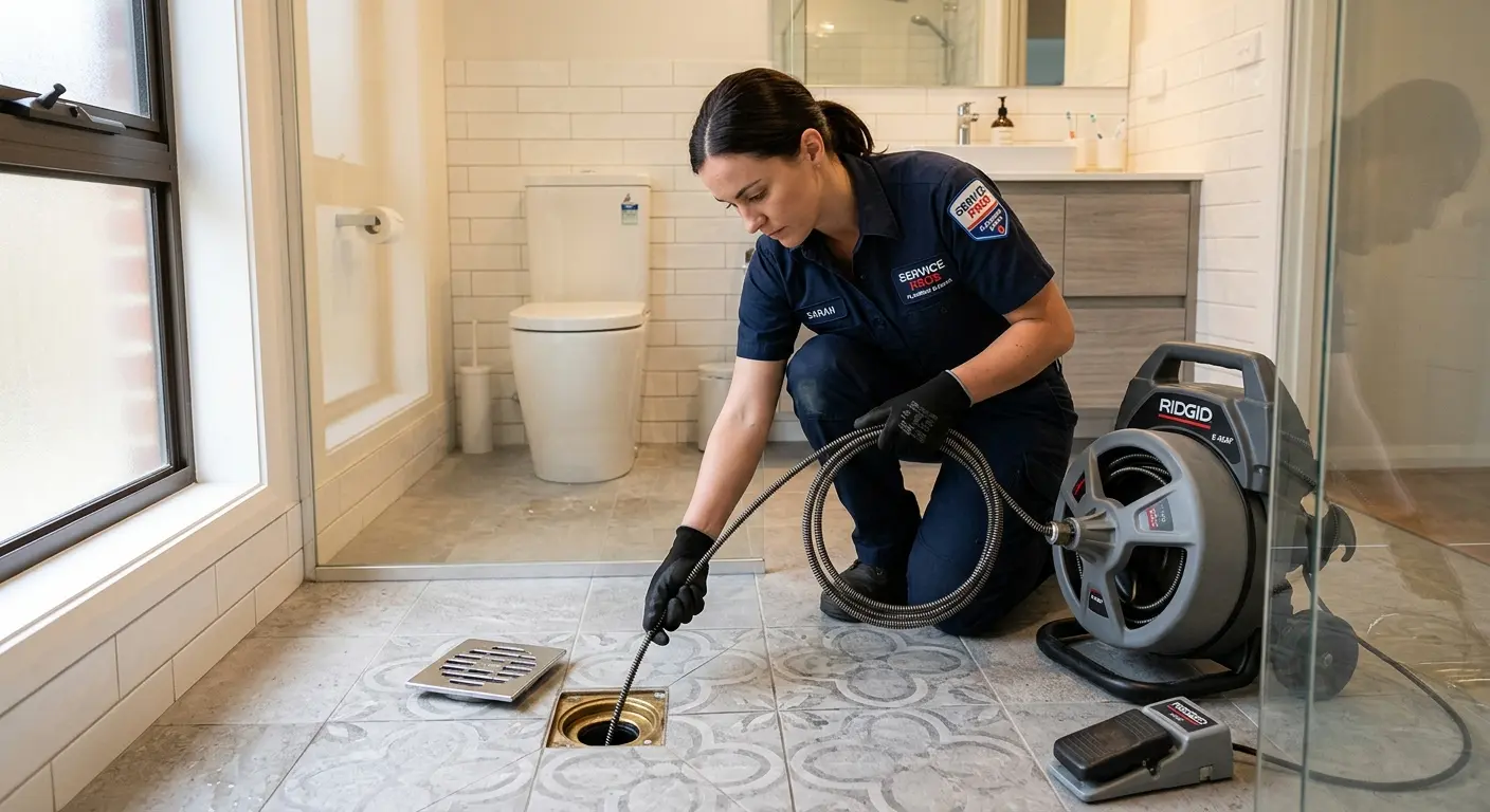 Technician clearing a bathroom floor drain for Drain Cleaning in Westchester